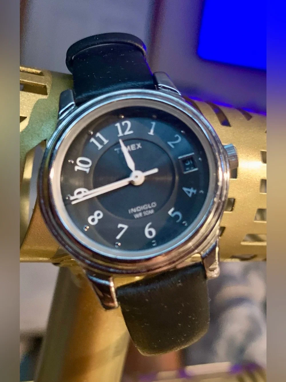 Timex Black Dial Silver Case Leather Strap Watch